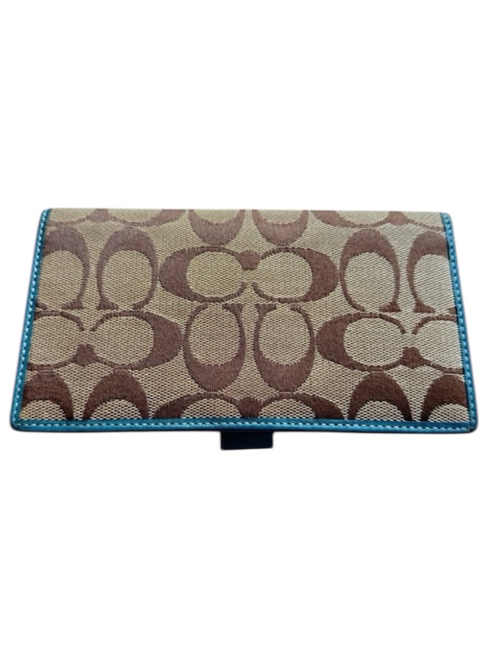 Coach Signature Canvas Checkbook Wallet Brown Tan Teal Trim OS